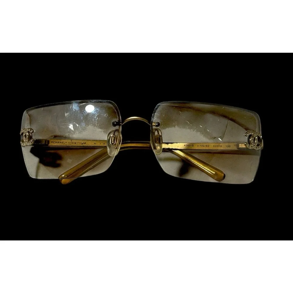CHANEL 4092-B Rimless Sunglasses Gold CC Coco Mark Rhinestone Authentic Italy